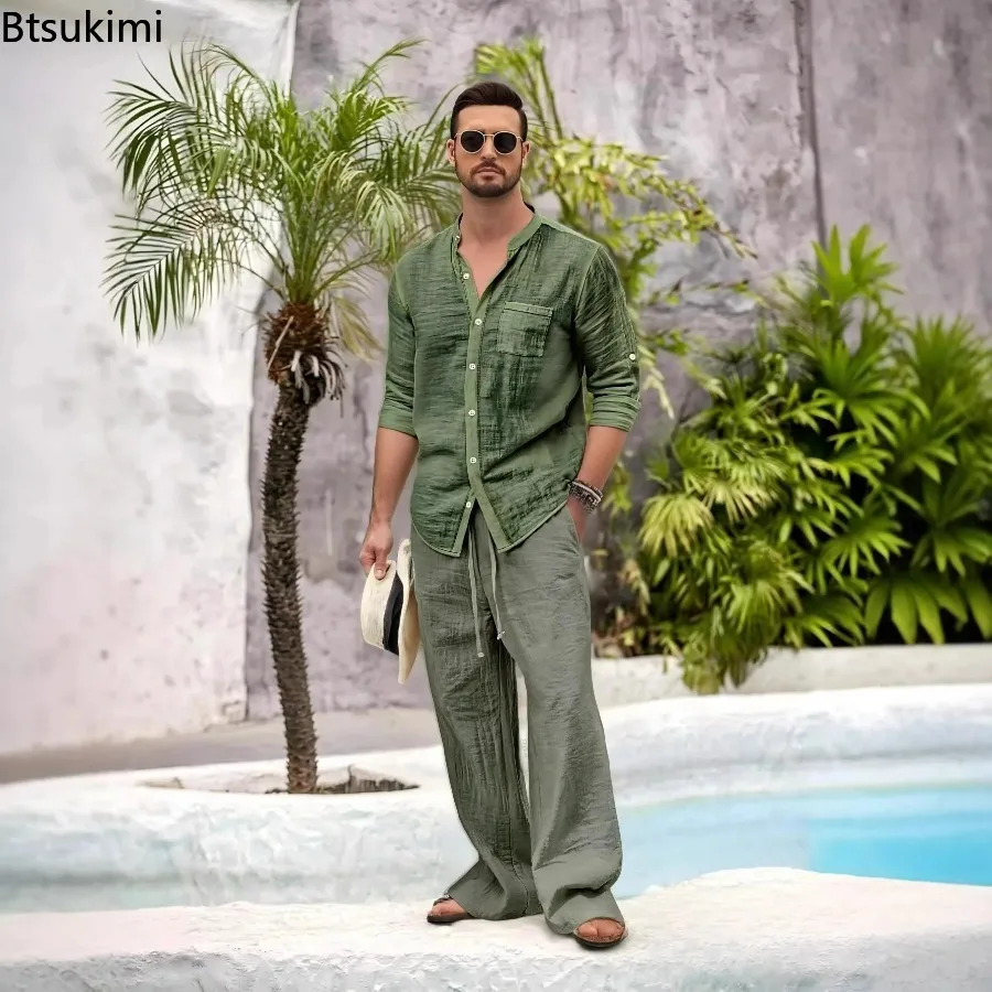 New Men's Casual Cotton Linen 2PCS Sets Stand Collar Shirt Modern Pocket Linen Pants 2-Piece Outfits Spring Casual Loose Fit Set