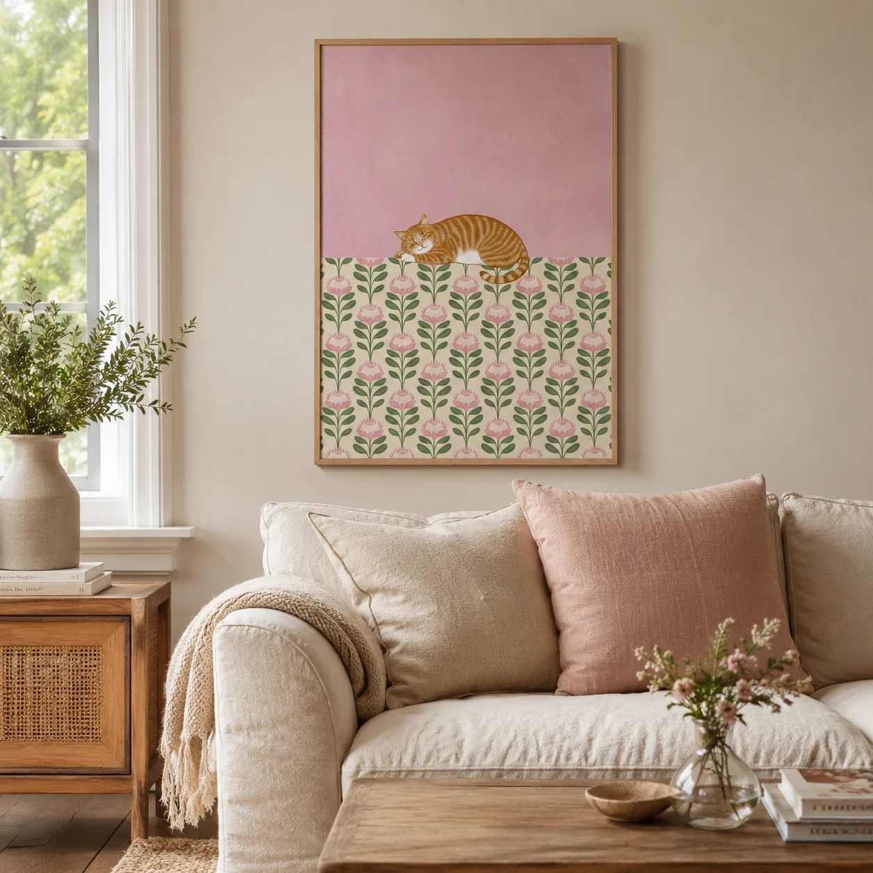 Sleeping Cat Poster | Pink Floral Wall Art | Canvas Wall Print,High‑Grade Home Decoration Artwork for Bedroom,Living Room,Office