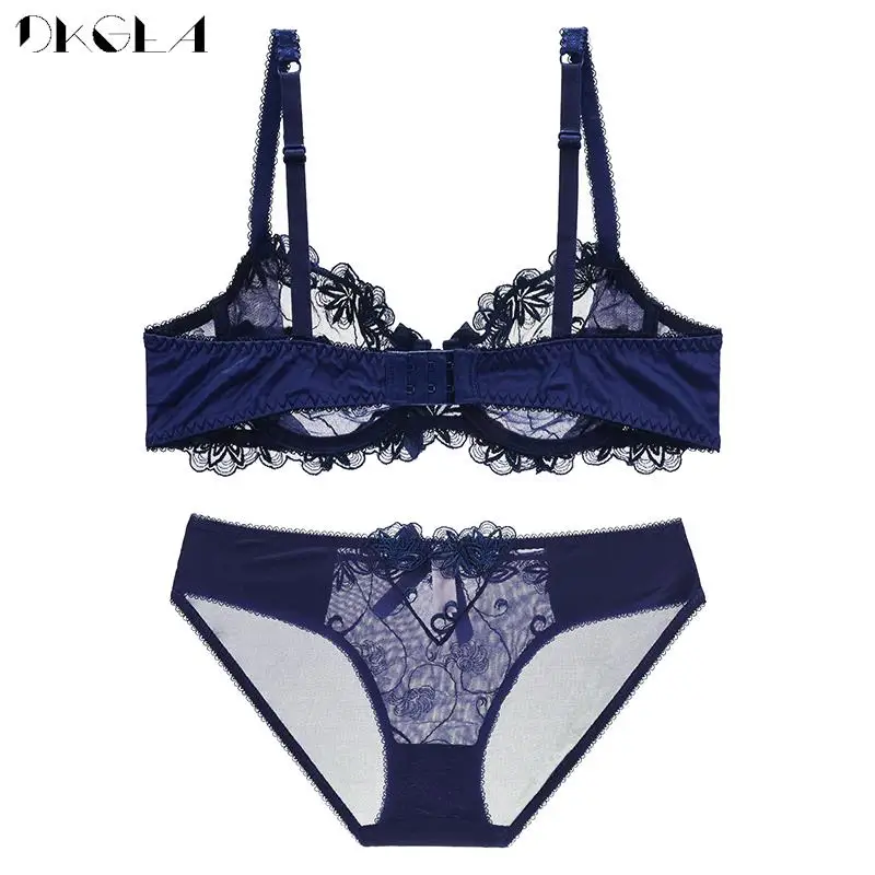 Blue Embroidery Lace Bra and Panties Sets Ultrathin Lingerie Women Transparent Bras C D Cup Plus Size Underwear Set Sexy Lady