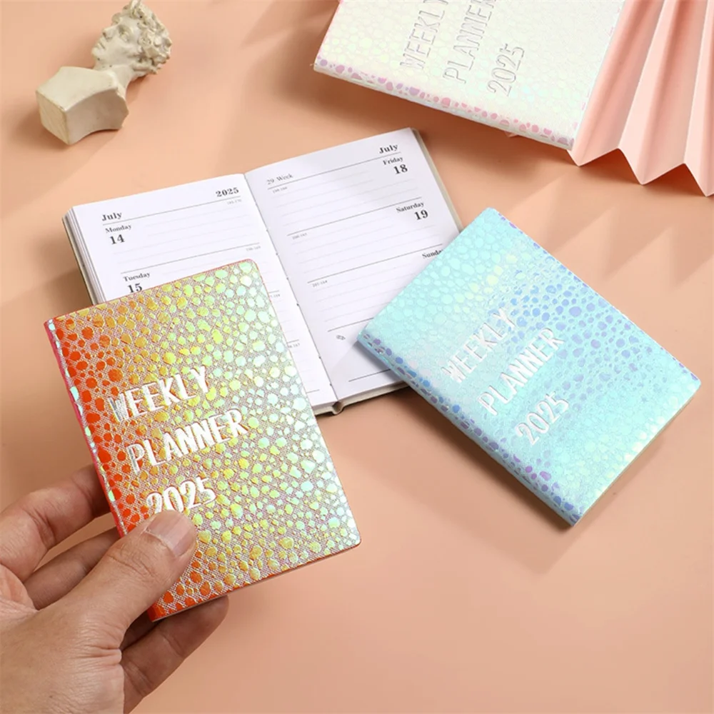 Colorful Laser Notebook A7 English Schedule Planner 2025 Portable Mini Pocket Student Diary Notepad School Office Supplies