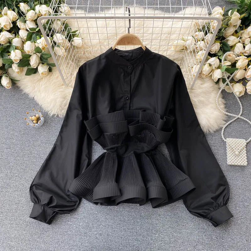 Women Pleated Blouse Black White Tops Long Lantern Sleeve Elegant Y2k Top Bow Ruffles Slim Shirts Casual Blouses Spring Summer