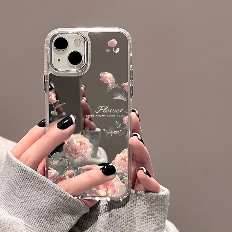 

Rose Flower Phone Case For iPhone 16 Pro Max Funda iPhone 15 14 11 12 13 Pro Max 16 Plus XR X XS Shockproof Make Up Mirror Cover