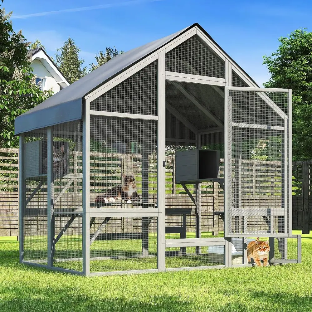 

7-Tier Outdoor Cat Enclosure with 2 Resting Boxes, Weatherproof and UV-Resistant, Spacious for Multiple Cats (71x49x71 inches)