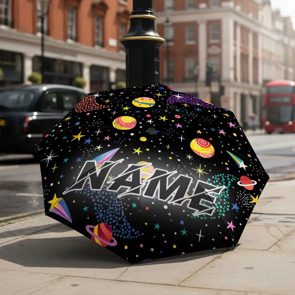 Custom Name umbrella,Colorful Cosmic Galaxy Folding Umbrella with Planets and Stars