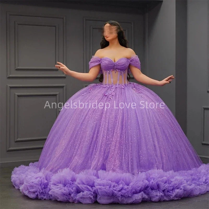 Angelsbride Lavender Ball Gown Quinceanera Dresses With Beading Ruffle Train Cinderella Birthday Party Gown Vestido De 15 Años