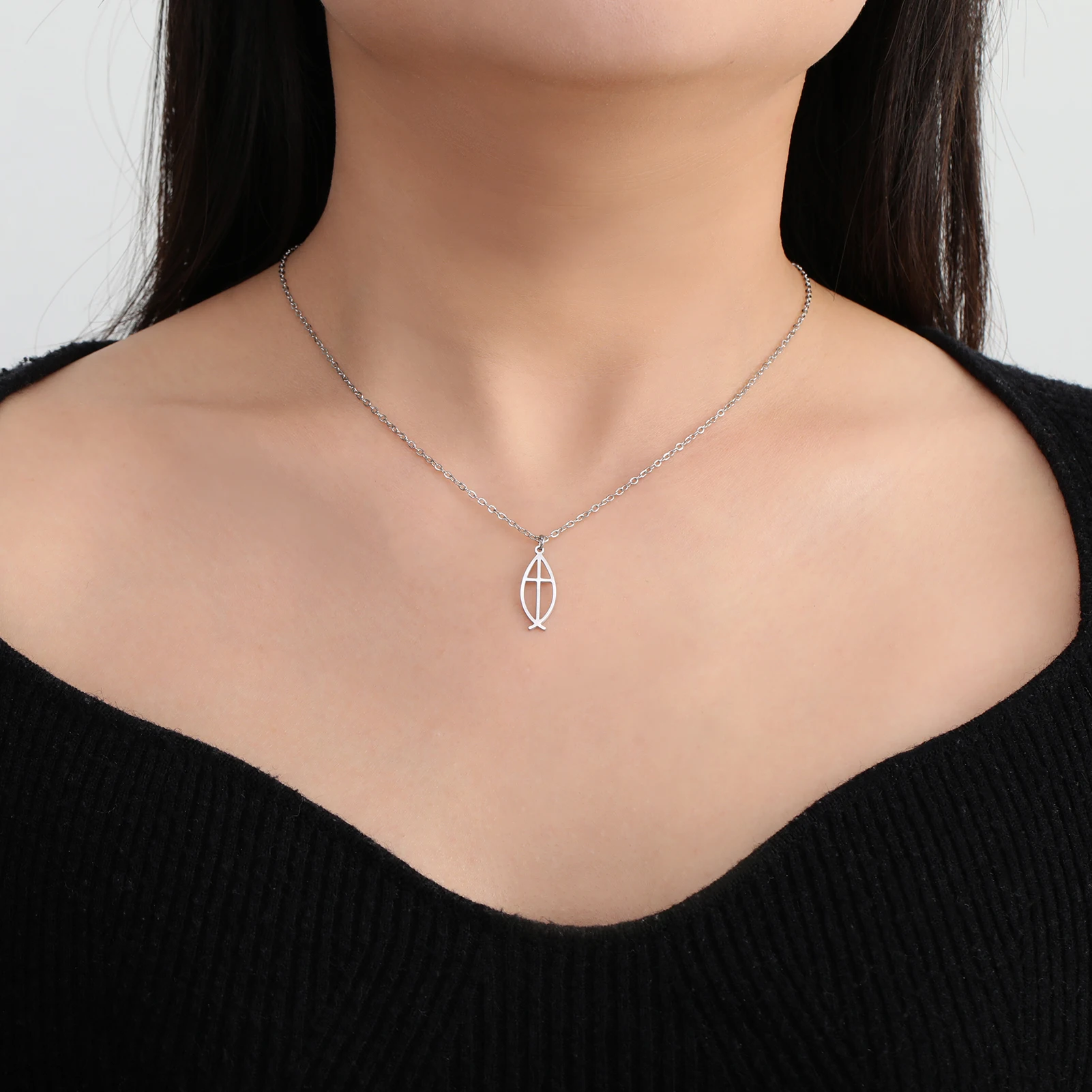 Unift Cute Fish Necklace Stainless Steel Neck Chain for Women Trendy Cross Fish Choker Christian Christ Jewelry Party Gift view 6