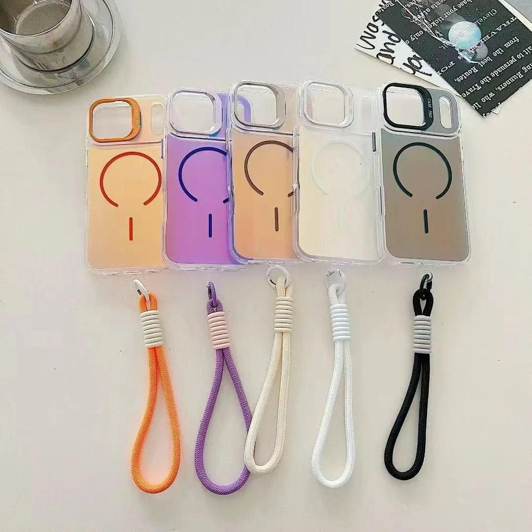 

Lanyard Discolor Lens Stand Bracket Case For iPhone 11 12 13 14 15 16 17 Pro Max Plus Magnetic Wireless Charge Cover Kickstand