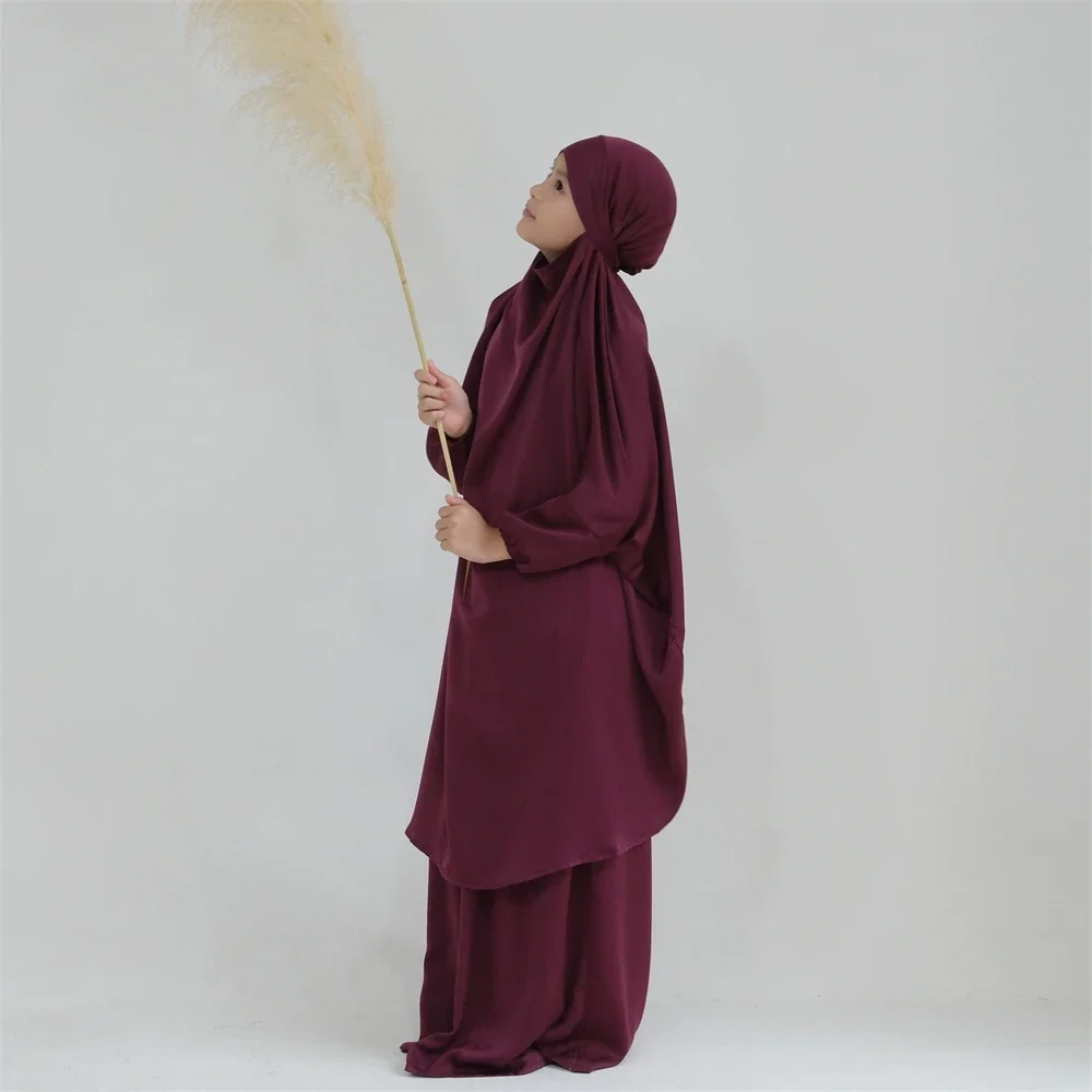 2 Peças Vestuário de Oração para Meninas Muçulmanas, Khimar de Cabeça Coberta, Robe, Hijab com Capuz, Abaya, Vestido com Lenço, Roupa Islâmica para Ei