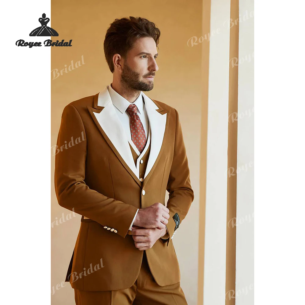 بدلة زفاف رجالية بنية مكونة من ثلاث قطع ذات طية صدر السترة 2026 بدلة زفاف غير رسمية واحدة الصدر للسهرة والحفلات الراقصة زي أوم مارياج #4