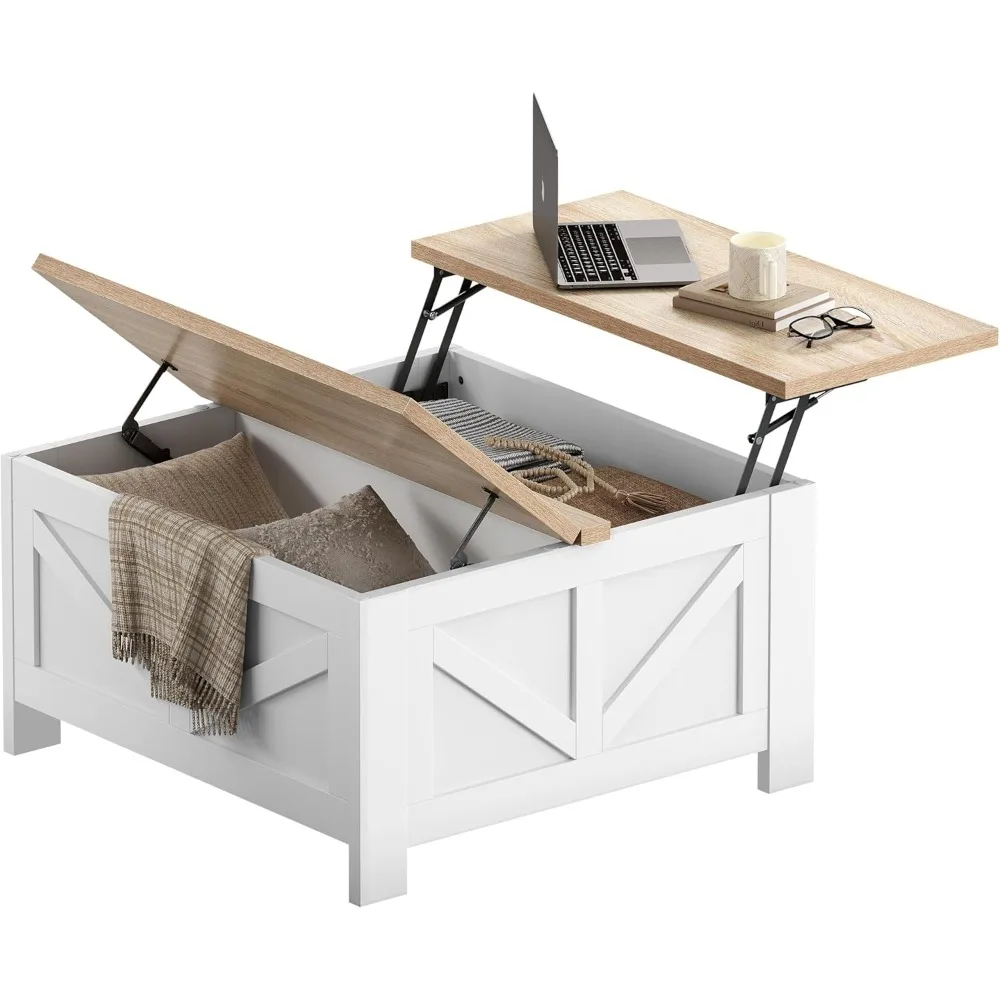 Lift Top Coffee Table, Square Farmhouse Coffee Table with Hidden Storage Compartment, Wood Center Table for Living Room,