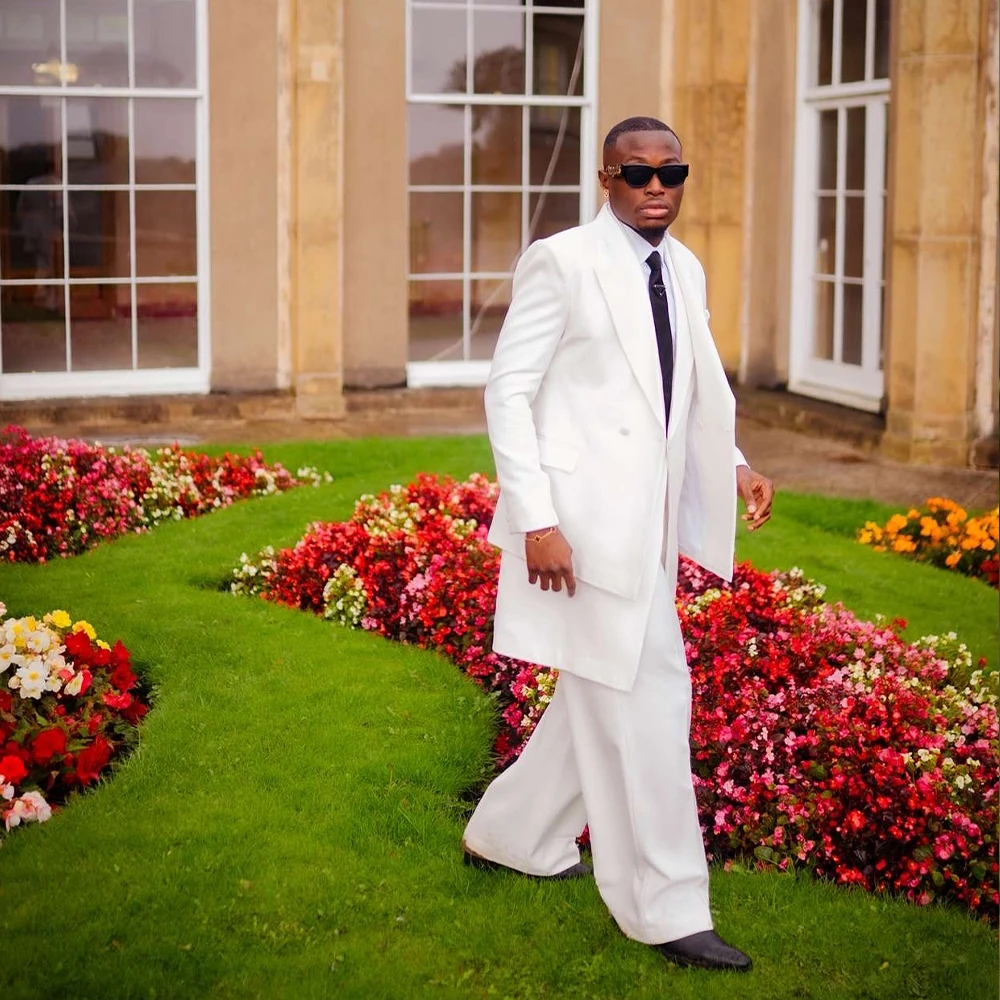 

White Men's Suits 2 Pieces Peaked Lapel Single Breasted Wedding Groom Suit Long Coat Prom Blazer Set Jacket for Man Customized