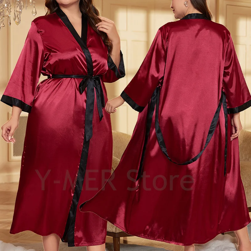 Large Size Robe Women Satin Print Flower Kimono Bath Gown V-Neck Sleepwear Gray Bathrobe Nightgown Summer Loungewear With Belt