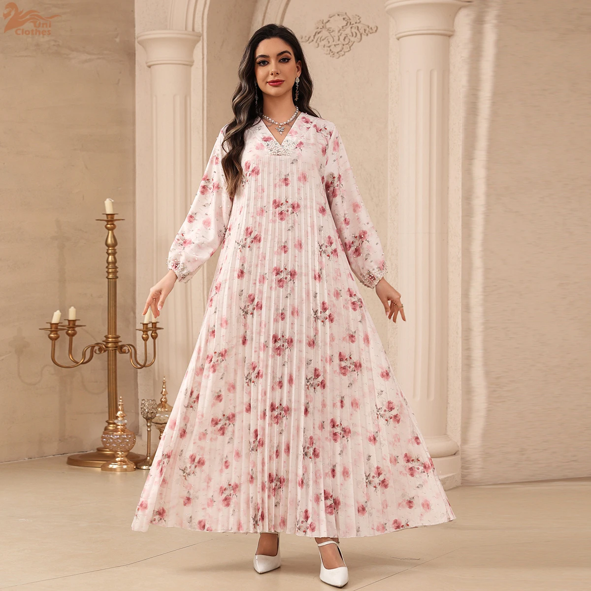 

Zahraa New Muslim Dubai Floral Print Maxi Abaya V-Neck Beading Dress Elegant Moroccan Women Clothes 2026