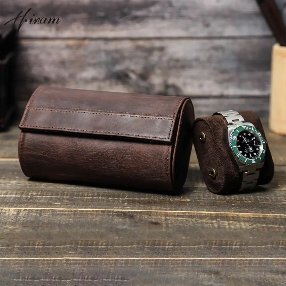 Watch Box Genuine Leather Watch Storage Organizer Portable Retro Travel Watch Roll Case Detachable Bracket Holder for Men Women