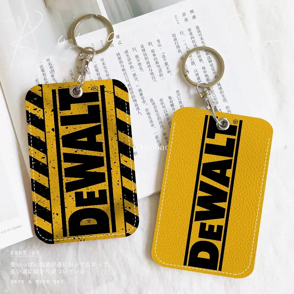 

D-DEWALT 1Pc PU Leather Card Holder Keychain Key Ring Door Lock Access Tags ID Card Case Keychain Card
