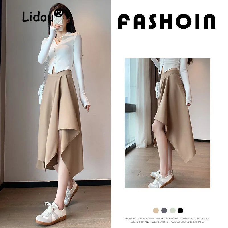 Fashion Slim Irregular Solid Color Pleated Skirt Women Classic High Waisted Summer Sagging Sensation All-match Midi Skirt