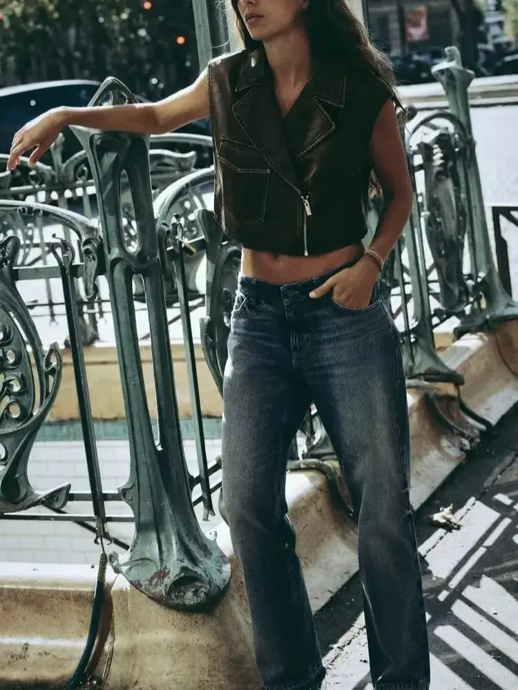 

2025 New Spring Autumn Women's Moto Biker Black Faux Leather Short Vests Female Retro Zipper Sleeveless PU Streetwear Waistcoats