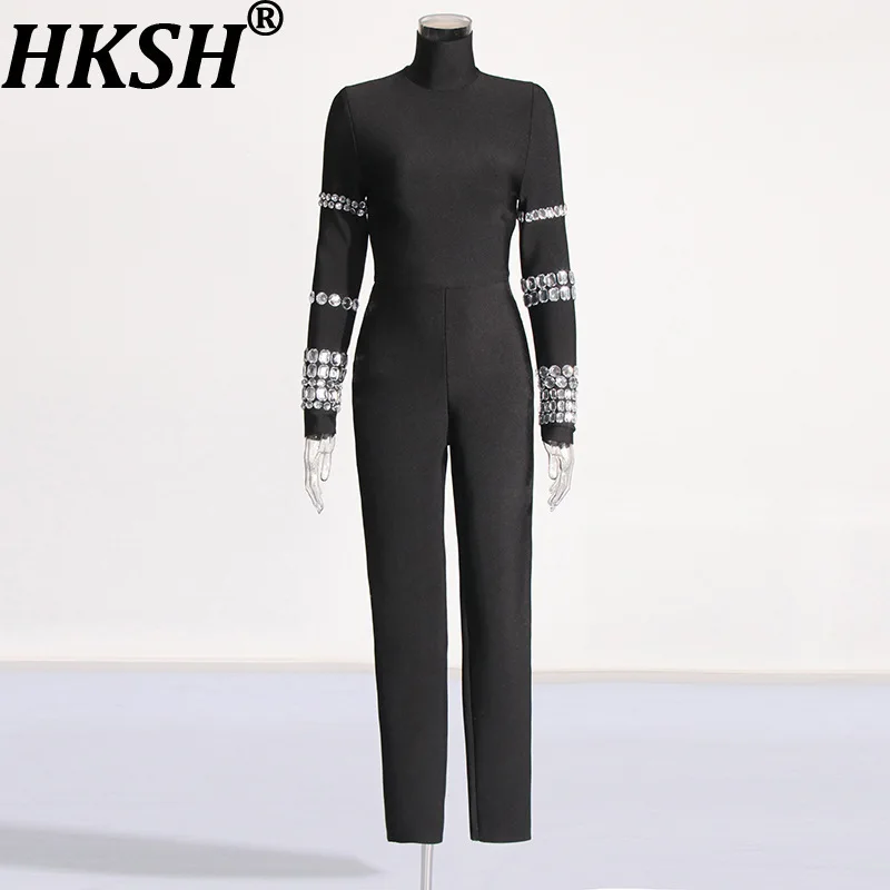 

HKSH Spring Atumn New Women Jumpsuit Turtleneck Long Sleeves Zipper Slim Fit Studded Diamonds High-End Elegant Sexy Chic HK13652
