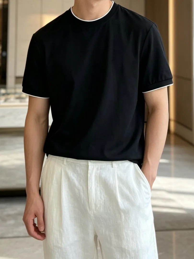 BC old money style summer solid color round neck half-sleeve top men's casual short-sleeved t-shirt