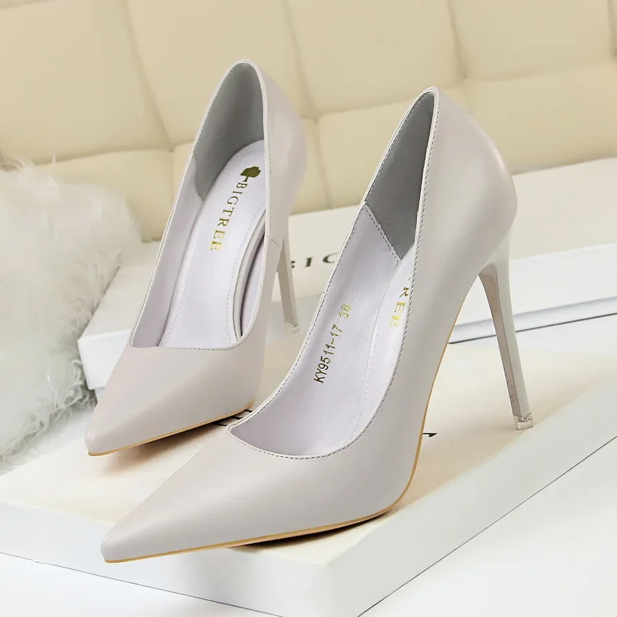 BIGTREE Shoes Elegant Women Pumps Novelty Pointed Toe PU 10CM Thin Heels Mature Office Career Women Shoes Yellow