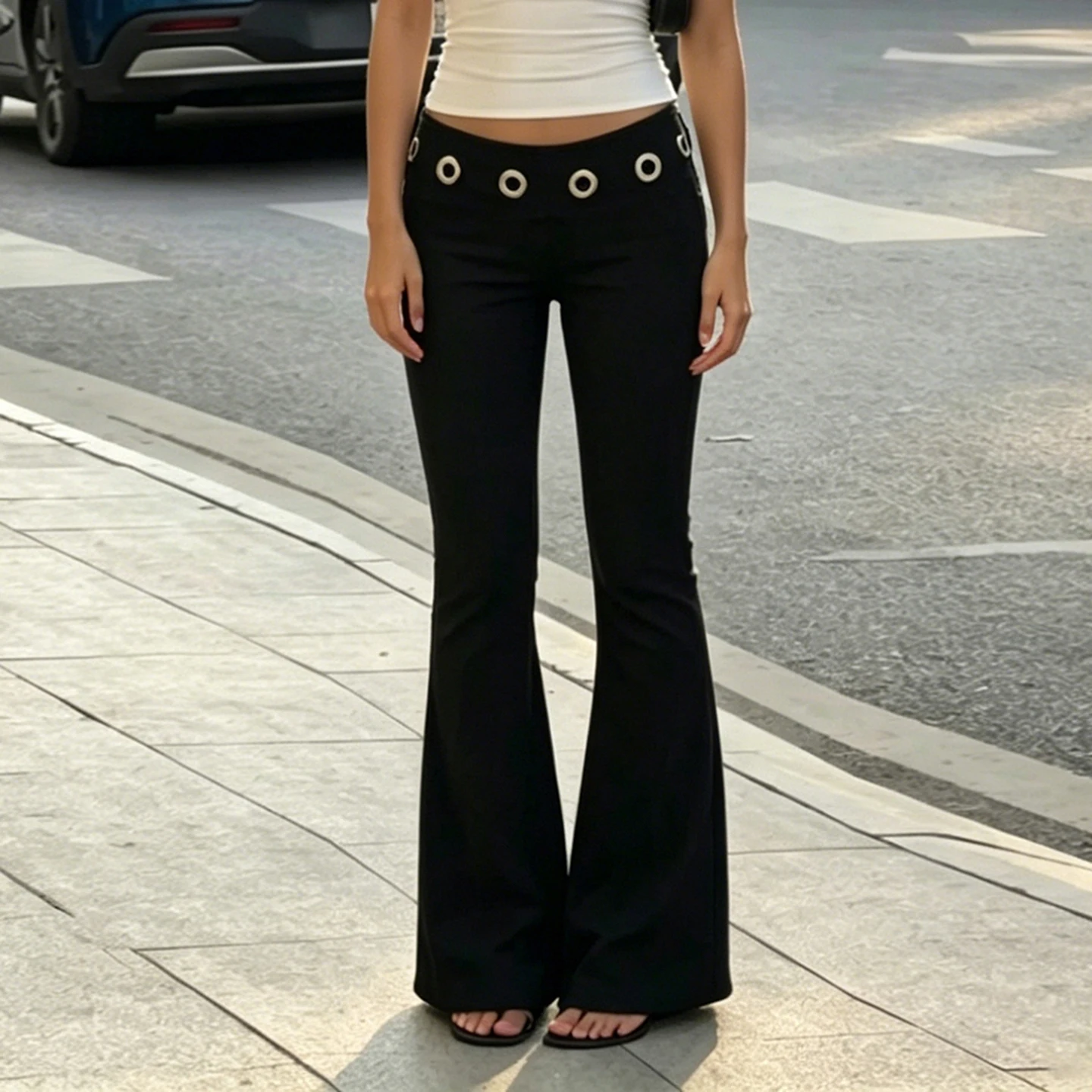 SUCHCUTE Women Low Waist Metal Eyelet Ring Decor Flare Pants Punk Club Streetwear Long Trousers Y2K Slim Bell Bottom Autumn Chic