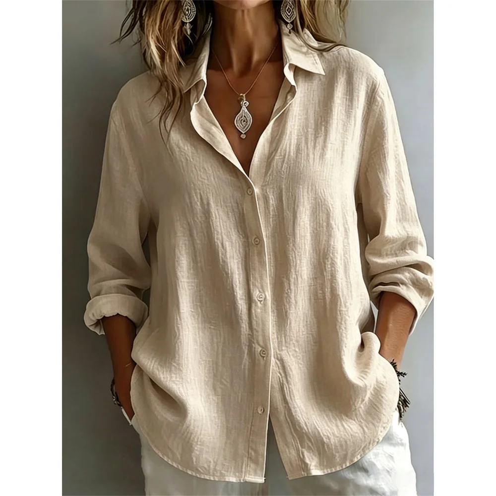 Damen Langarm Lose Passform Baumwolle-Leinen-Hemd Einfarbig Modisch Schlichter Stil Atmungsaktiv Leicht Lässige Oversize-Hemden – Detail 10
