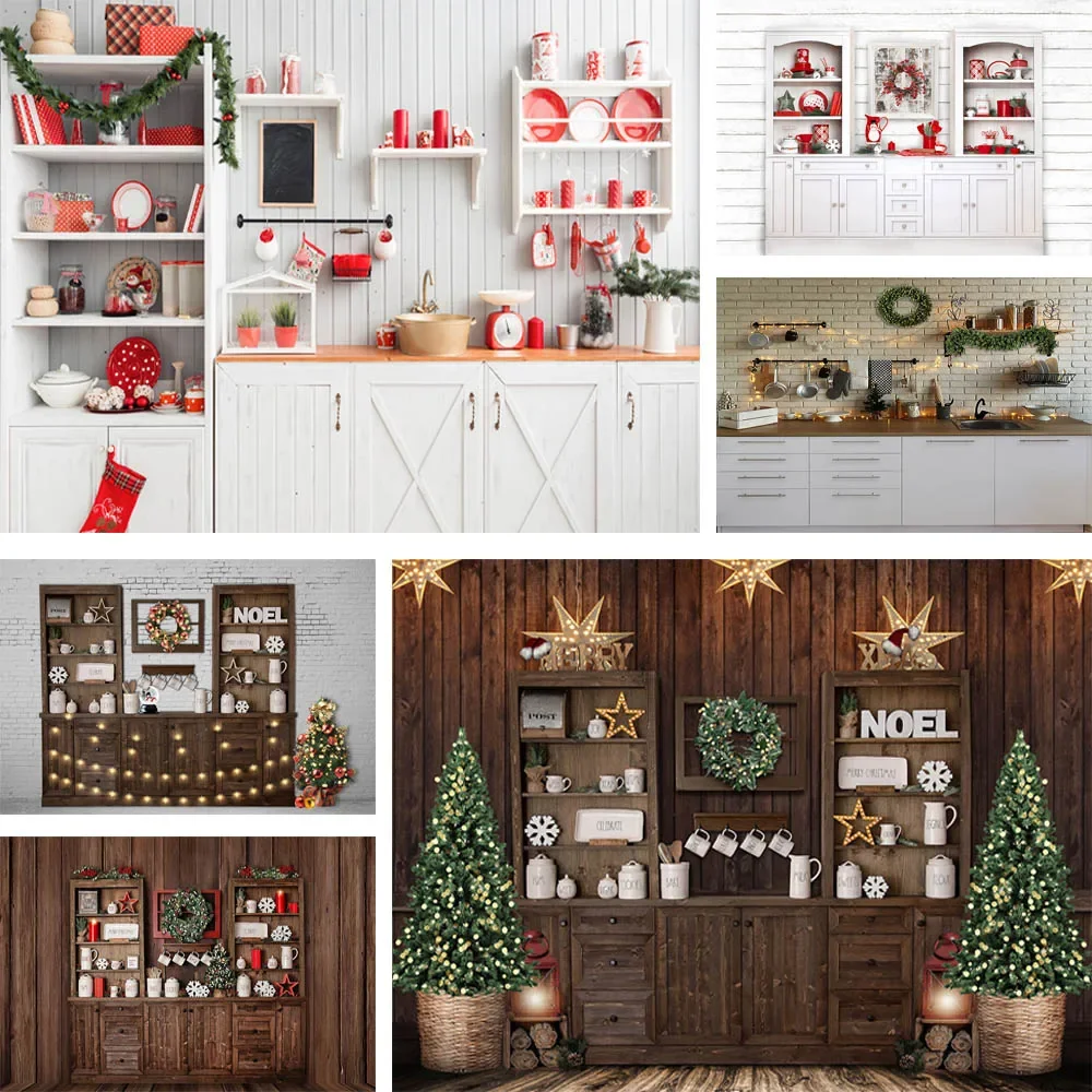 

Christmas Kitchen Photography Background Wood Cabinet Kitchenware Props Child Portrait Cook Backdrop Photocall Photo Studio