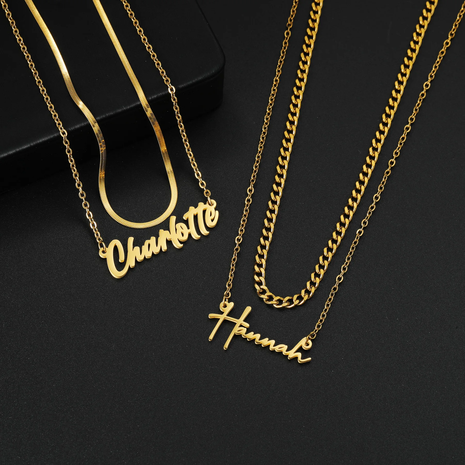 Personalized Custom Name Double Layers Cuban Chain Necklace Women Men Stainless Steel Nameplate Pendant Blade Chain Jewelry Gift