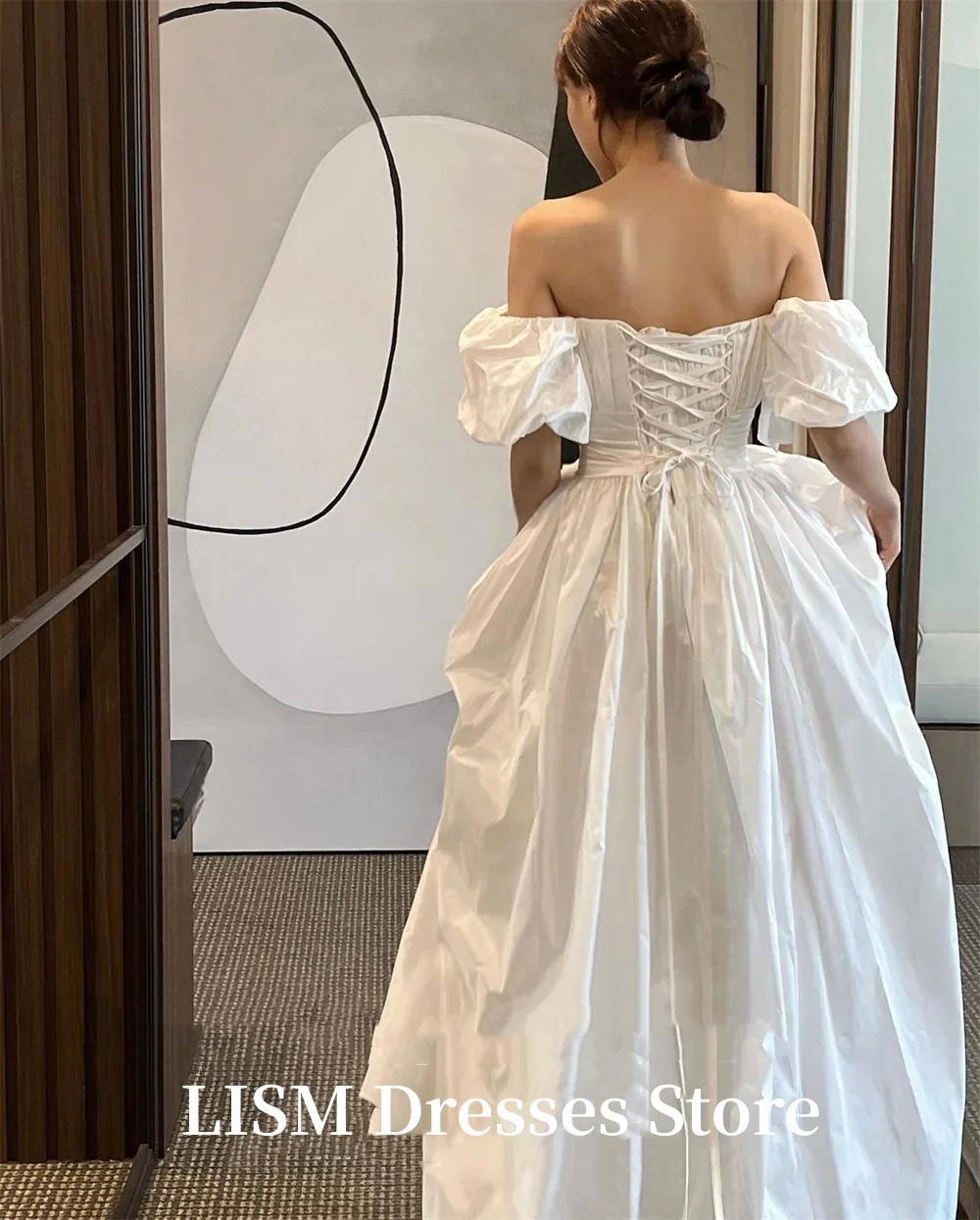 LISM A Line Korea Wedding Dress Sweetheart Customized Taffeta Pleats Corset Back Bridal Gown Short Lantern Sleeve Bride Dresses