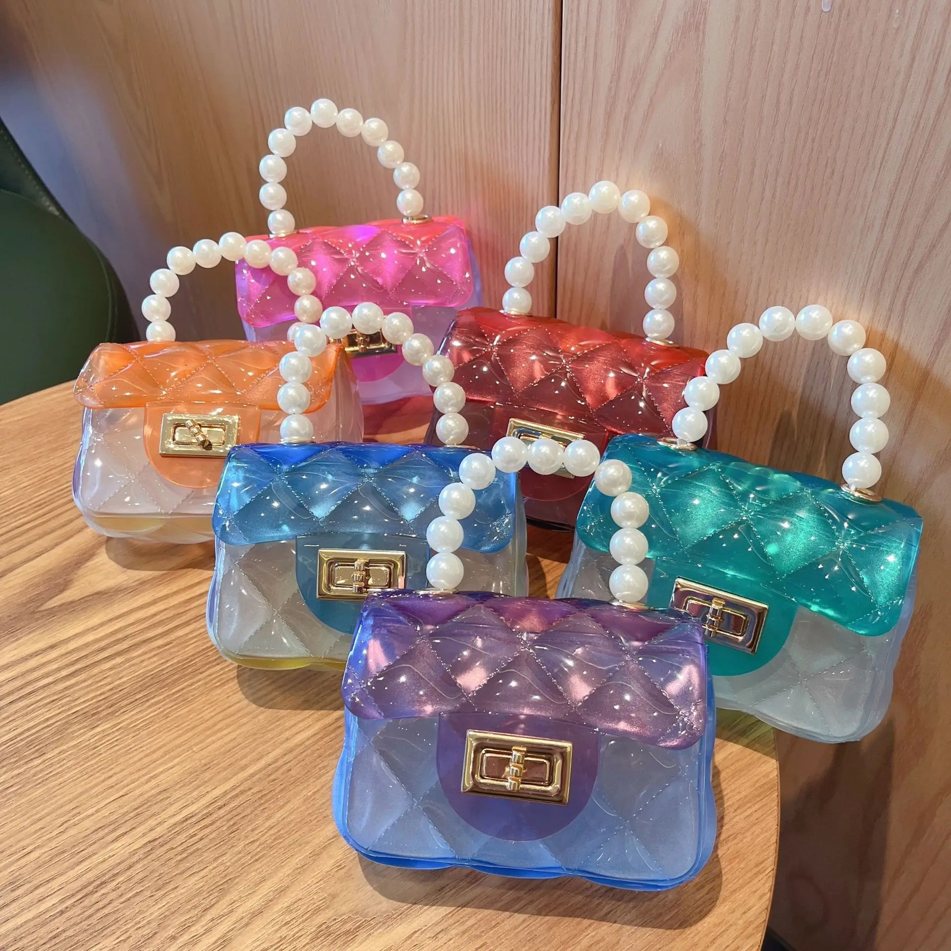 2026 Summer PVC Jelly Mini Square Crossbody Bags Girls Shoulder Bags Children Pearl Handle Handbag Crossbody Shoulder Bag