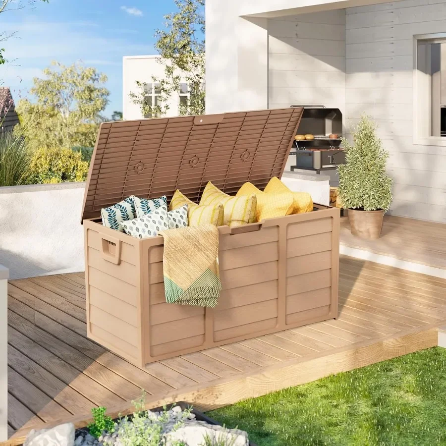 

75 Gallon Outdoor Deck Box - Heavy Duty Resin Storage with Lockable Lid UV Resistant for Patio Furniture Cushions Pillows Brown