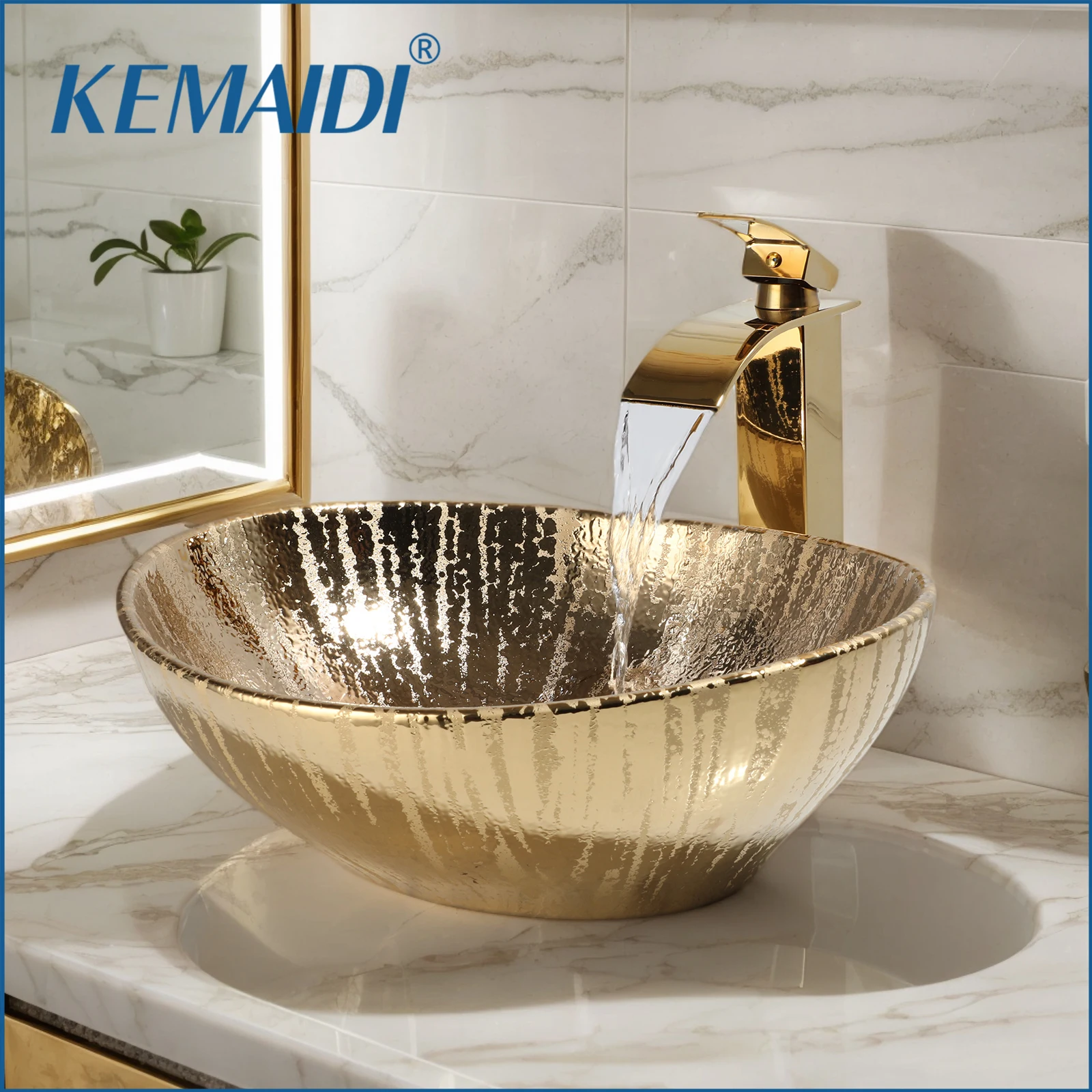 

KEMAIDI Gold Ceramic Bathroom Vessel Sink with Faucet and Drain Combo Bowl Above Counter Vessel Sink Oval for Modern Bathroom