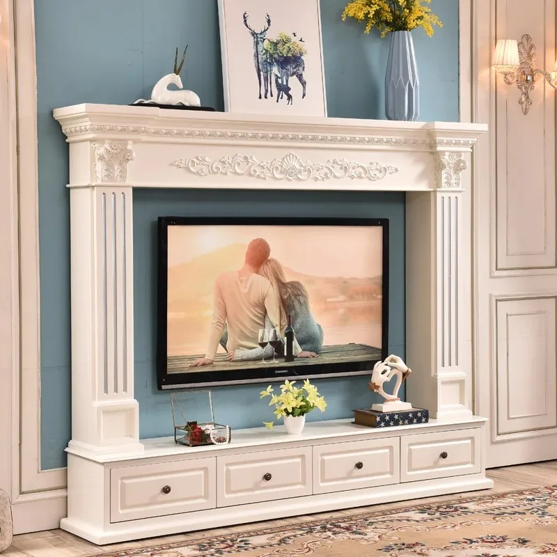 خزانة مدفأة خشبية من الريف الأوروبي بطول 2 متر حامل تلفاز أبيض منحوت زخارف زخرفية فاخرة وحديثة لغرفة المعيشة المنزلية