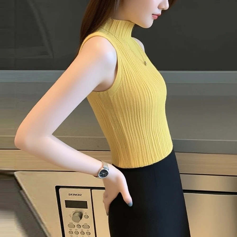 

Cute Elastic Slim Sleeveless Tank Top Women Clothing S-XL Black Sweater High Neck Knitted T Shirt Woman White Top Blouses Girls