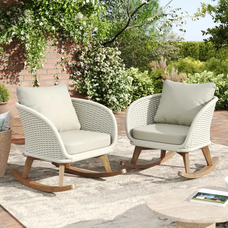 Set of 2 Contemporary Minimalist Beige Wicker Rocking Chairs with Soft Cushions and Durable Wooden Frame, Ideal for Indoor and