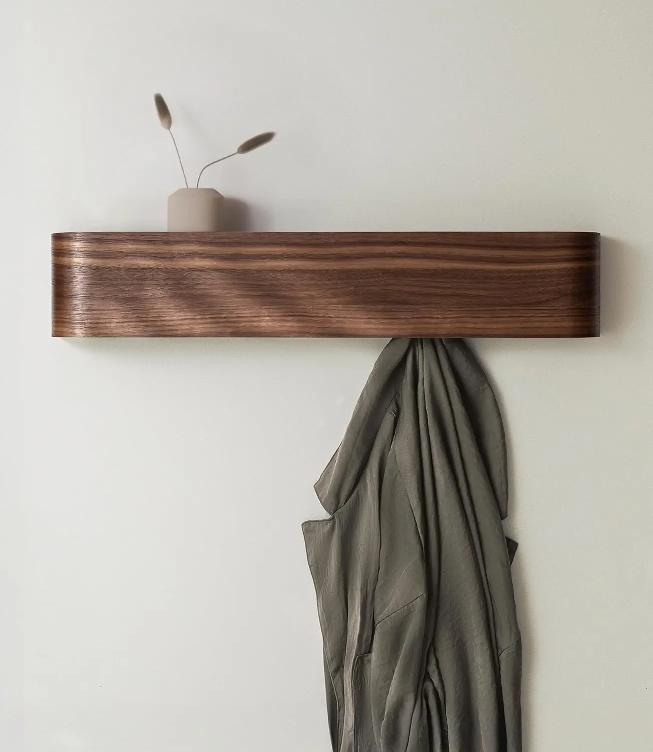 

Modern Wall-Mounted Coat Rack with Hidden Hooks and Shelf - Solid Wood Veneer in Walnut, Easy Installation