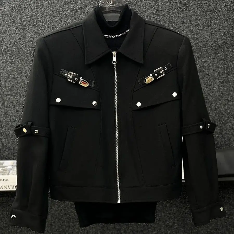 New 2025 Men's Fashion Metal Zipper Short Jacket Personality Design Casual Style Spring Autumn Outerwear Polyester Fiber