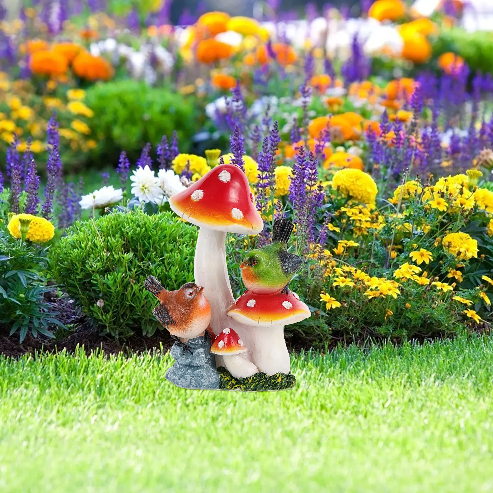 

Resin Garden Mushroom Decor with Bird Design Outdoor Yard Ornament for Lawn Garden Decorative Mushroom Scene Layout Craft