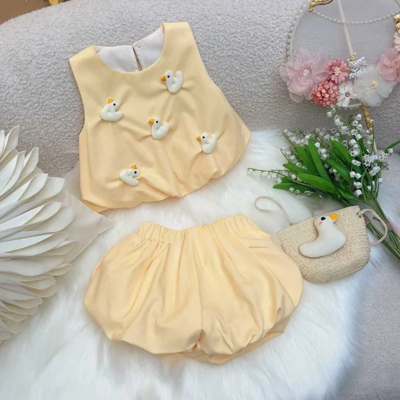 

2024Summer New Girls' Cute Yellow Three-Dimensional Yellow Duck Dress All-Matching Suit Western Style Flower Bud Dress