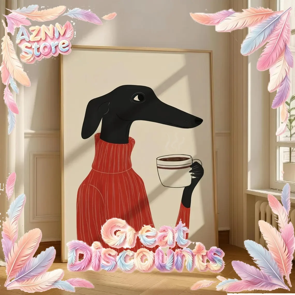 2026 Greyhound Coffee Wall Art Canvas Print Whimsical Dog in Sweater Poster Nordic Wall Pictures for Living Room Home Dec Artwor