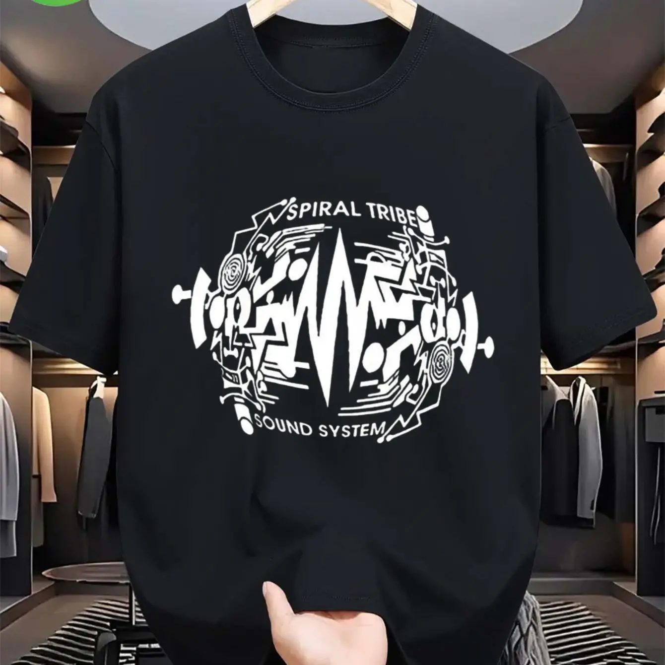 Camiseta de música techno Spiral Tribe para hombre - Diseño con logo de fiesta techno y ojo de onda sonora con gráficos de productor