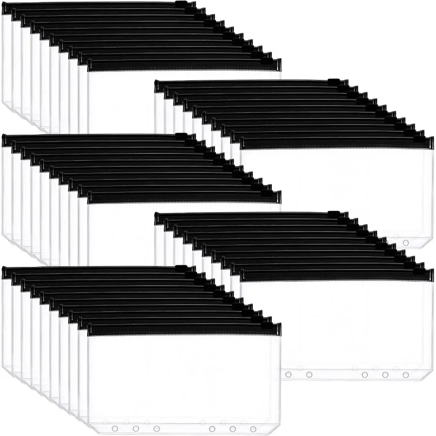 

50 Pcs A6 Binder Pockets 6 Hole Transparent Zip Envelope Waterproof Budget Cash Envelopes Reusable File Bill Document Bag Plann