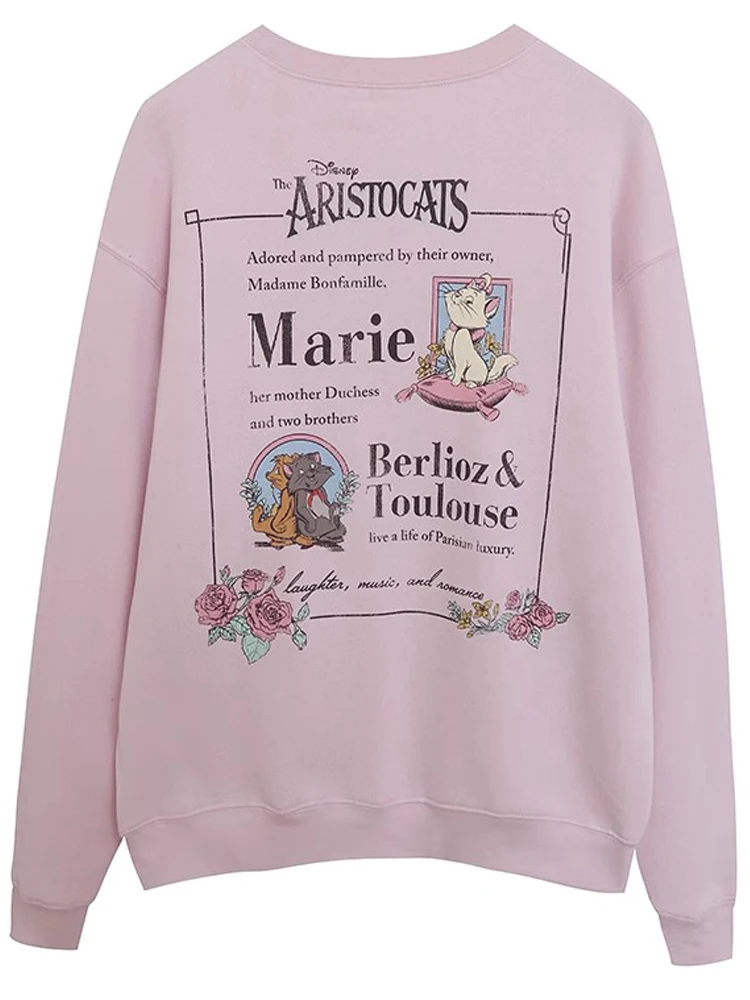 Disney Front Back Marie Cat Letter Cartoon Print Sweatshirt Sweet Women Long Sleeve O-Neck Pullover Fleece Jumper Tops Pink