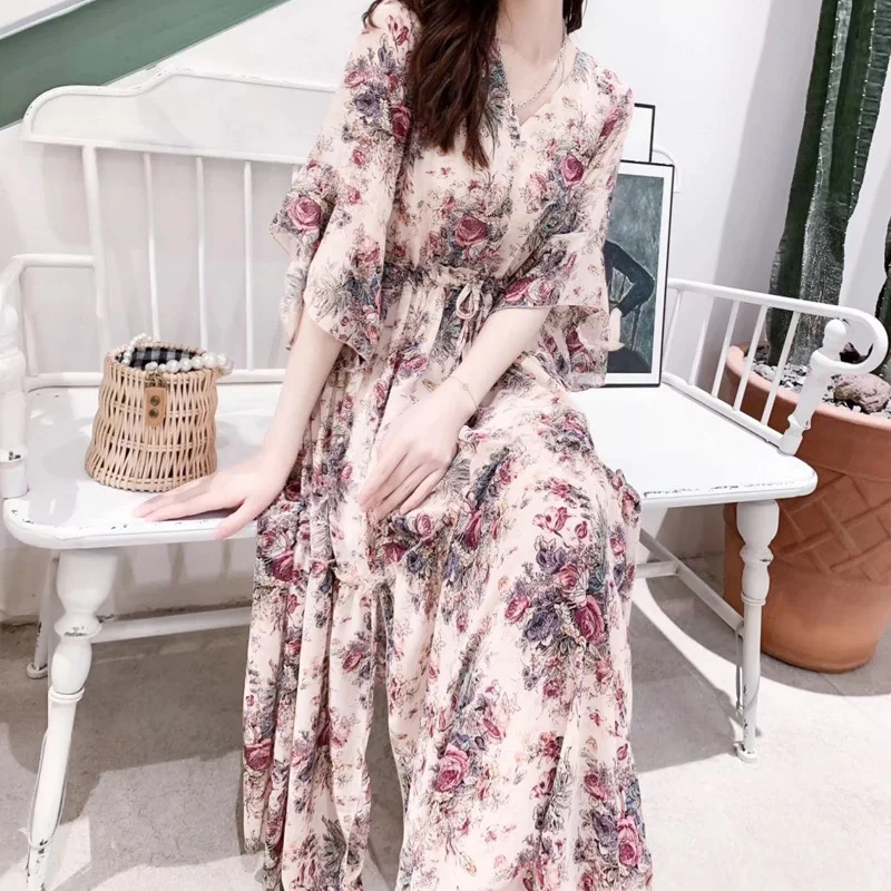 French Style Sashes Floral Printing Half Sleeve V-neck Loose Casual Elegant Dress Women Thin Style Temperament ChiffonSkirts