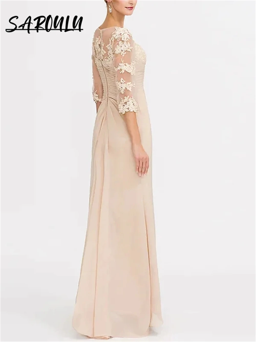 Beige Chiffon Three Quarter Sleeve Wedding Party Dress V Neck Lace Mother Of The Bride Dresses Pleated A Line Wedding Guest Gown