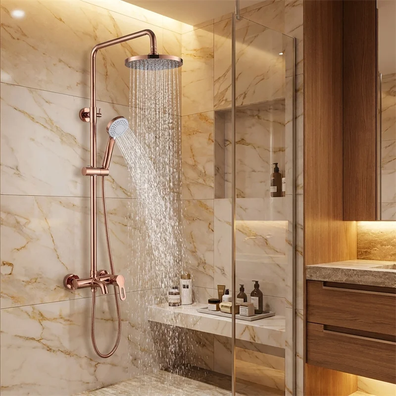 

Copper Rose Gold Rotatable Bathroom Shower Faucet Set with Multi-Spray Handheld Shower Head Booster Water Pressure