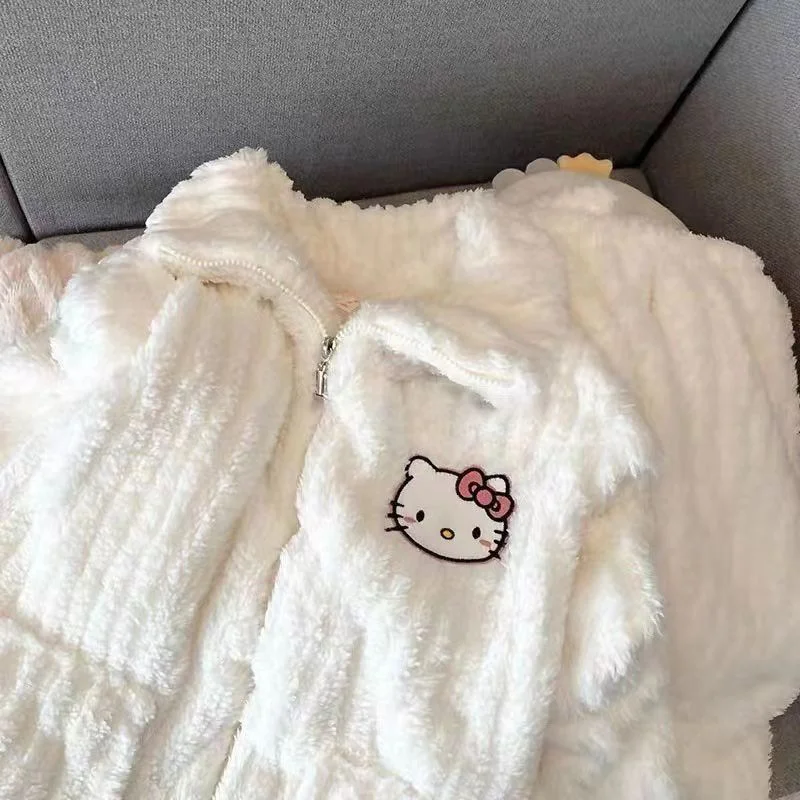 Trajes de pijama de felpa suave para mujer, cárdigan de lana con estampado de Anime de Hello Kitty, liso, lindo, Kawaii, informal