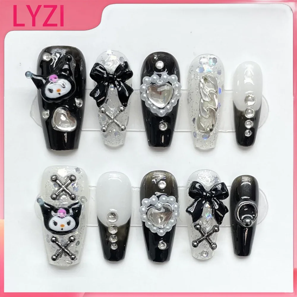 

Black Sanrio Kuromi Fake Nails Kawaii Y2K Punk Handmade Artificial Press on Nail Tips Removable Reusable Sweet Cool Girls Gift