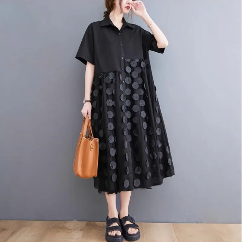 #4014 Spring Midi Dress Women Turn-down Collar Black Shirt Dress Long Sleeves Casual Loose Spliced Mesh A Line Dress Midi Sexy