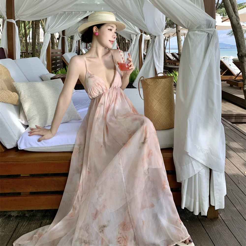 

Phuket Holiday Floral Backless Long Dress Beach Island Style Strapless Gown Super Fairy Tale Sanya Beach Skirt Casual Princes...
